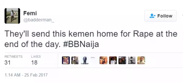 See what the twitter user wrote about Kemen few weeks beofre he was disqualified